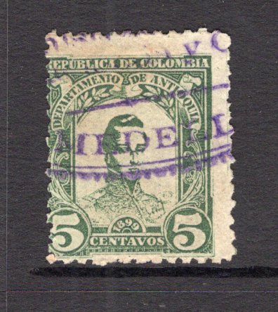 COLOMBIAN STATES - ANTIOQUIA - 1899 - CANCELLATION: 5c green 'General Cordoba' issue ORIGINAL PRINTING used with part oval MEDELLIN cancel in purple. The original printing is scarce, the catalogue listing & value refers to the reprints. (SG 123)  (COL/16947)