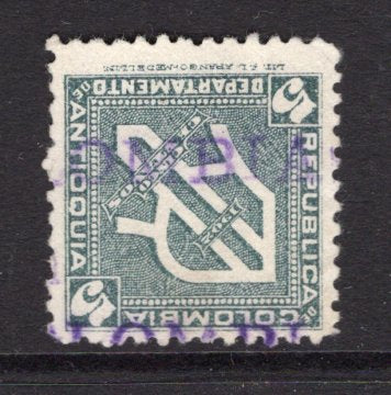 COLOMBIAN STATES - ANTIOQUIA - 1902 - ANTIOQUIA - CANCELLATION: 5c slate green 'AR' issue used with two strikes of handstruck straight line COLOMBIA cancel in purple. (SG AR158)  (COL/16949)