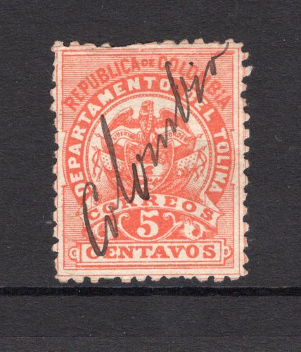 COLOMBIAN STATES - TOLIMA - 1888 - CANCELLATION: 5c vermilion, perf 10½-11 used with COLOMBIA manuscript cancel. (SG 63)  (COL/16959)