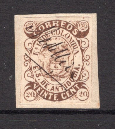 COLOMBIAN STATES - ANTIOQUIA - 1869 - CANCELLATION: 20c brown used on small piece with MEDELLIN manuscript cancel. (SG 9)  (COL/16966)
