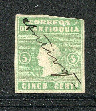 COLOMBIAN STATES - ANTIOQUIA - 1875 - CANCELLATION: 5c green with 'White Figures' used with ANTIOQUIA manuscript cancel. (SG 23)  (COL/16969)