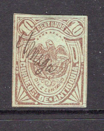 COLOMBIAN STATES - ANTIOQUIA - 1888 - ANTIOQUIA - CANCELLATION: 10c deep brown on green used with AMAGA manuscript cancel. Small thin. Uncommon. (SG 69)  (COL/16984)