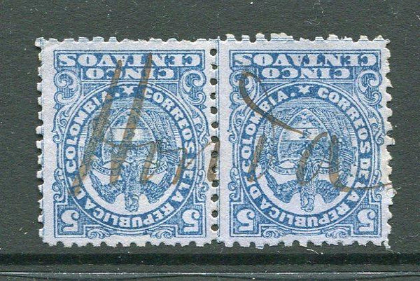 COLOMBIA - 1890 - CANCELLATION: 5c deep blue on blue pair used with HONDA manuscript cancel across the two stamps. (SG 146)  (COL/17057)
