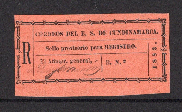 COLOMBIAN STATES - CUNDINAMARCA - 1883 - TYPESET ISSUE: Black on orange 'Typeset' PROVISIONAL REGISTRATION issue a fine unused copy with manuscript signature control. Four large margins. An underrated issue. (SG R13)  (COL/17063)