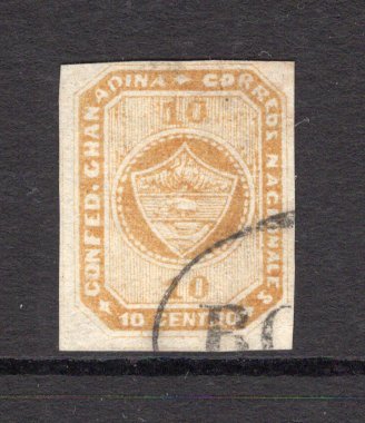 COLOMBIA - 1860 - CLASSIC ISSUES: 10c yellow second 'Grenadine Confederation' issue a superb used copy with part oval BOGOTA cancel, four large margins. (SG 9)  (COL/1733)