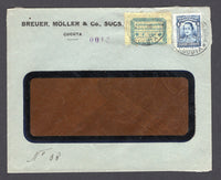 COLOMBIAN PRIVATE EXPRESS COMPANIES - 1926 - CORREO RAPIDO DE NORTE SANTANDER: Window envelope franked with 1926 4c blue on yellow pelure paper 'Correo Rapido de Norte Santander' EXPRESS issue (Hurt & Williams #S1) with 1923 4c blue National issue (SG 395) both tied by CUCUTA SCADTA cds's. with small '0012' handstamp in violet alongside. Scarce issue on cover.  (COL/17423)