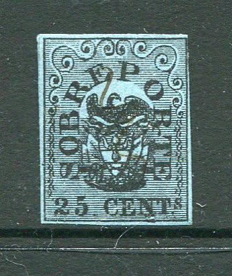 COLOMBIA - 1865 - CLASSIC ISSUES: 25c black on blue 'SOBREPORTE' issue, a very fine four margin copy, tight at top right, used with small part manuscript cancel. (SG 39)  (COL/1747)