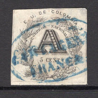 COLOMBIA - 1865 - REGISTRATION ISSUE: 5c black 'A' issue, a superb looking copy, four margins used with full strike of oval CARTAGENA FRANCA cancel in blue. Small corner thin but scarce. (SG R42)  (COL/1749)