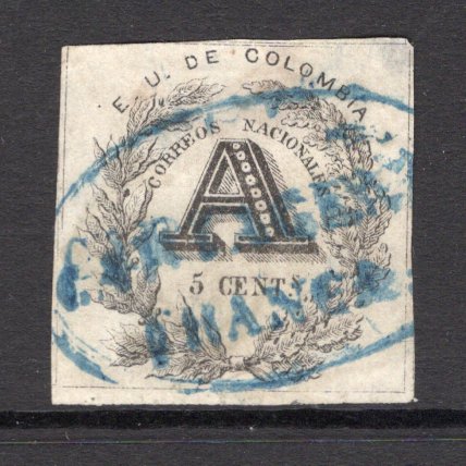 COLOMBIA - 1865 - REGISTRATION ISSUE: 5c black 'A' issue, a superb looking copy, four margins used with full strike of oval CARTAGENA FRANCA cancel in blue. Small corner thin but scarce. (SG R42)  (COL/1749)