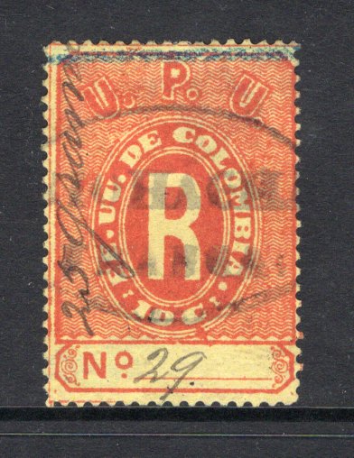 COLOMBIA - 1883 - REGISTRATION ISSUE: 10c red on orange UPU Registration issue a superb used copy with manuscript '25 grammes' weight endorsement and '29' registration number plus complete strike of oval RIO HACHA FRANCA cancel. (SG R117)  (COL/1765)