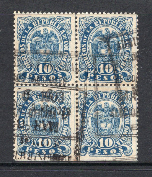 COLOMBIA - 1892 - MULTIPLE: 10p blue on white 'Top Value', perf 13½, a fine used block of four. Scarce multiple. (SG 164)  (COL/1773)