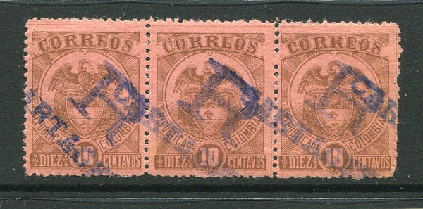 COLOMBIA - 1898 - REGISTRATION ISSUE: 10c brown on rose a fine mint strip of three with 'R CARTAGENA' handstamp in blue. (SG 173)  (COL/1778)