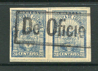COLOMBIA - 1902 - 1000 DAYS WAR: 20c blue on buff a fine pair with boxed 'De Oficio' (SPECIMEN) handstamp in black. (SG 199A)  (COL/1780)