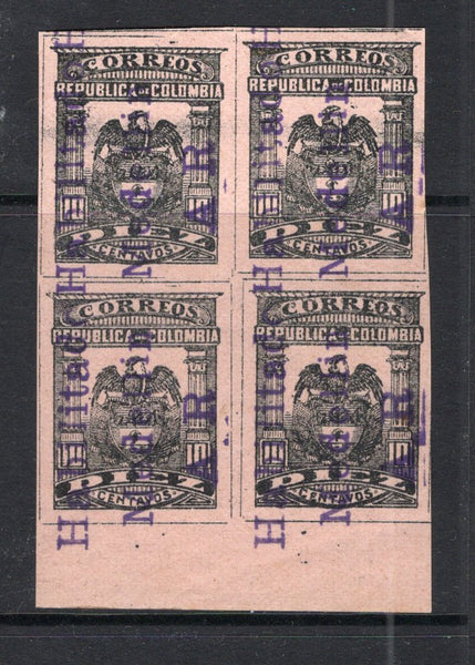 COLOMBIA - 1903 - 1000 DAYS WAR: 10c black on pink 'Medellin' provisional issue overprinted 'Habilitado Medellin A R' in purple, a fine mint block of four. Scarce. (SG AR258)  (COL/1783)