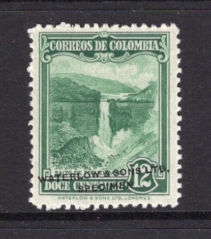 COLOMBIA - 1937 - COLOUR TRIAL: 12c 'Tequendama Falls' issue WATERLOW COLOUR TRIAL in bright green perforated on ungummed paper with hole punch & 'Waterlow & Sons Ltd SPECIMEN' overprint in black. (SG 489)  (COL/1821)