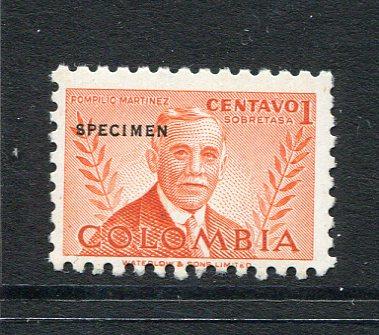 COLOMBIA - 1952 - COLOUR TRIAL: 1c 'Dr Pompilo Martinez' TAX issue WATERLOW COLOUR TRIAL in orange perforated & gummed with hole punch & small 'SPECIMEN' overprint in black. (SG 752)  (COL/1827)