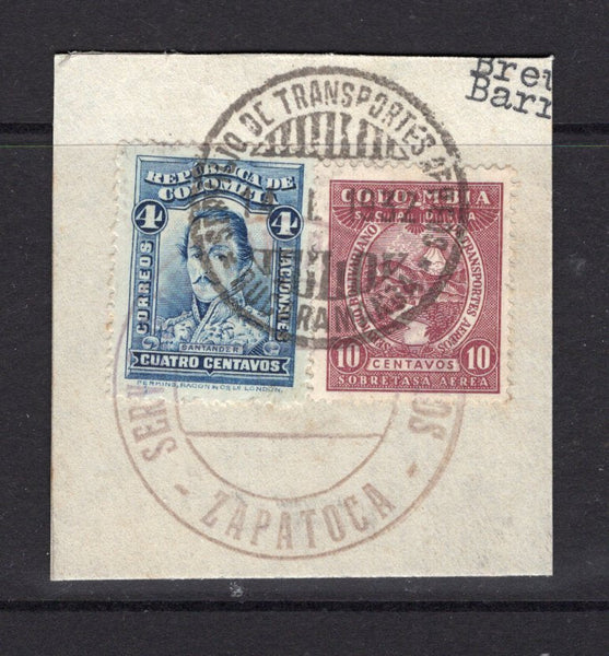 COLOMBIAN AIRMAILS - SCADTA - 1932 - CANCELLATION: 10c red brown SCADTA issue on piece with 1923 4c blue 'National' issue tied on piece by large undated SERVICIO TRANSPORTES AEREOS ZAPATOCA cancel in purple with additional BUCARAMANGA SCADTA cancel at top. Rare marking. (SG 57 & 395)  (COL/18282)
