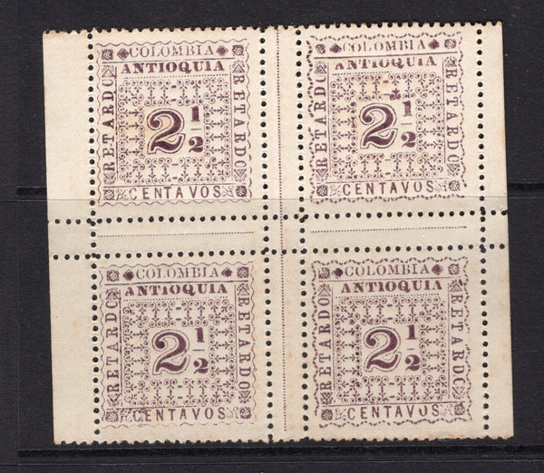 COLOMBIAN STATES - ANTIOQUIA - 1901 - MULTIPLE: 2½c purple on LAID paper 'Late Fee' issue, original printing complete SHEETLET of four with central dividing gutters & outer margin (left & right). Unused, few light tones. Attractive. (SG L137)  (COL/1867)