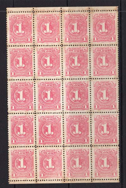 COLOMBIAN STATES - ANTIOQUIA - 1902 - MULTIPLE: 1c rose 'Numeral' issue, an unused block of twenty, some gum staining. (SG 138)  (COL/1877)