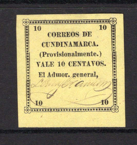 COLOMBIAN STATES - CUNDINAMARCA - 1883 - TYPESET ISSUE: 10c black on yellow 'Typeset' PROVISIONAL issue with variety 'INVERTED M IN ADMOR, a fine unused copy with signature of Postmaster. Four large margins. Underrated issue. (SG 9)  (COL/1888)