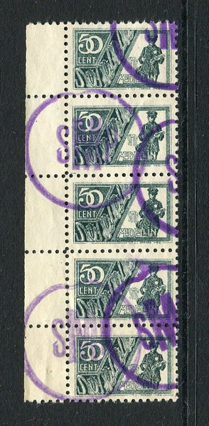 COLOMBIAN PRIVATE EXPRESS COMPANIES - 1911 - MEDELLIN: 50c slate green 'Correos Urbano SMP Medellin' 'Postman' issue a fine marginal strip of five used with multiple strikes of large circular 'SMP' cancel in violet. (Hurt & Williams #13b)  (COL/18960)