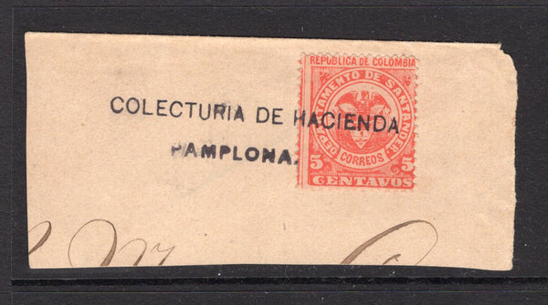 COLOMBIAN STATES - SANTANDER - 1892 - SANTANDER - CANCELLATION: 5c red on buff tied on large piece by straight line COLECTURIA DE HACIENDA PAMPLONA cancel. Scarce. (SG 14)  (COL/1896)