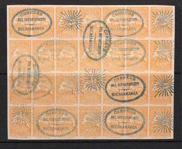 COLOMBIAN STATES - SANTANDER - 1904 - LOCAL ISSUES: 50c yellow TRAIN 'Local' issue a fine complete sheet of twenty eight used with multiple strikes of CORREOS DEL DEPARTAMENTO BUCARAMANGA oval cancel. (Yvert #25)  (COL/1897)