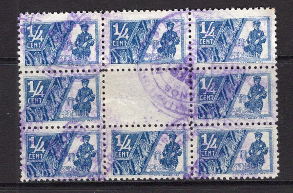 COLOMBIAN PRIVATE EXPRESS COMPANIES - 1911 - MEDELLIN: ¼c blue 'Correos Urbano SMP Medellin' POSTMAN issue a fine used block of nine with BLANK CLICHÉ variety in centre of block. Scarce. (Hurt & Williams #17 & 17b)  (COL/19215)