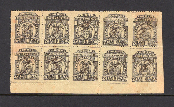 COLOMBIAN STATES - TOLIMA - 1903 - MULTIPLE & VARIETY: 10p black on pale green, perf 12, a fine used corner marginal block of ten the corner pair showing variety IMPERF BETWEEN PAIR, each stamp cancelled by non descript manuscript mark. A rare used multiple. Odd small fault. (SG 92a)  (COL/19234)