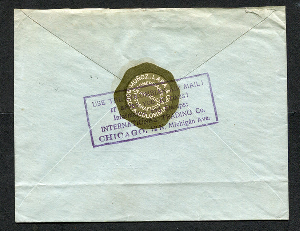 COLOMBIAN AIRMAILS - SCADTA - 1925 - CONSULAR AGENTS CACHETS: Cover franked with 1924 3c blue 'National' issue and 1923 30c dull blue SCADTA issue tied by BOGOTA SCADTA cds's (SG 404 & 41). Addressed to USA with fine strike of boxed 'Use the Colombian Air mail ! It saves you 10 Days ! Information and Stamps: International Trading Co. CHICAGO. 12 N Michigan Ave.' American consular agents cachet in purple on reverse.  (COL/20430)