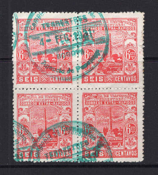 COLOMBIAN PRIVATE EXPRESS COMPANIES - 1928 - COMPANIA DE TRANSPORTES TERRESTRES: 6c red 'Compania de Transportes Terrestres' EXPRESS issue, a superb used block of four with COMPANIA DE TRANSPORTES TERRESTRES AGENCIA DE PARTICULAR BOGOTA cds in green dated 4 FEB 1931. A scarce issue in used multiples. (Hurt & Williams #S15)  (COL/20685)
