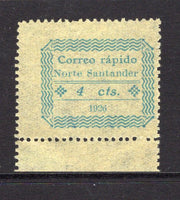 COLOMBIAN PRIVATE EXPRESS COMPANIES - 1926 - CORREO RAPIDO DE NORTE SANTANDER: 4c blue on yellow pelure paper 'Correo Rapido de Norte Santander' EXPRESS issue a very fine bottom marginal unused copy. (Hurt & Williams #S1)  (COL/21780)