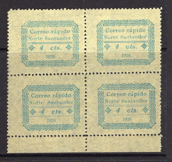 COLOMBIAN PRIVATE EXPRESS COMPANIES - 1926 - CORREO RAPIDO DE NORTE SANTANDER: 4c blue on yellow pelure paper 'Correo Rapido de Norte Santander' EXPRESS issue a superb unused bottom marginal block of four. Very scarce in multiples. (Hurt & Williams #S1)  (COL/21783)
