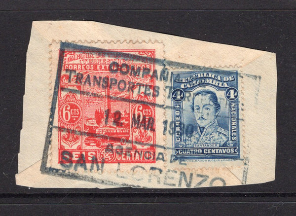 COLOMBIAN PRIVATE EXPRESS COMPANIES - 1928 - COMPANIA DE TRANSPORTES TERRESTRES: 6c red 'Compania de Transportes Terrestres' EXPRESS issue used on piece with 1923 4c blue 'National' issue tied by boxed COMPANIA DE TRANSPORTES TERRESTRES AGENCIA DE SAN LORENZO cancel dated 12 MAY 1930. A scarce cancellation. (Hurt & Williams #S15 & SG 395)  (COL/23281)