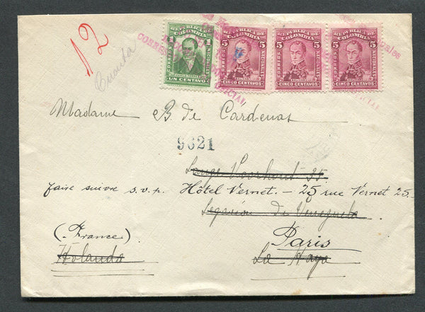 COLOMBIA - 1931 - OFFICIAL MAIL & CANCELLATION: Registered cover franked with 'EE. UU. DE VENEZUELA CUCUTA - COLOMBIA CONSULADO GENERAL' consular official cachet on reverse franked with 1917 1c green and 3 x 1923 5c claret (SG 358 & 396) tied by five line CORREOS NACIONALES CUCUTA 18 SEP 1931 RECOMENDADOS CORRESPONDENCIA OFICIAL cancels in red. Addressed to HOLLAND and re-directed to FRANCE with transit cds on reverse.  (COL/23433)