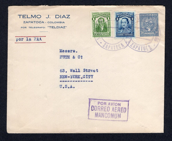 COLOMBIAN AIRMAILS - SCADTA - 1932 - CANCELLATION: Cover franked with 1917 1c green and 1923 4c blue plus SCADTA 1929 30c grey blue (SG 358, 395 & 60) tied by two fine strikes of large undated SERVICIO TRANSPORTES AEREOS ZAPATOCA cancel in purple. Addressed to USA with BARRANQUILLA SCADTA transit cds on reverse. A rare origination & cancel.  (COL/23555)
