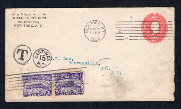 COLOMBIA - 1902 - 1000 DAYS WAR & POSTAGE DUE: Incoming USA 2c red postal stationery envelope (H&G B33) with NEW YORK machine cancel. Addressed to BARRANQUILLA, taxed with 'T 15 CENTIMES N.Y.' opera glass marking on front with added pair of Colombia 1902 20c violet 'Barranquilla' 1000 days war issue (SG 220B) tied by BARRANQUILLA cancel. Additional arrival mark on reverse. Unusual use.  (COL/24045)