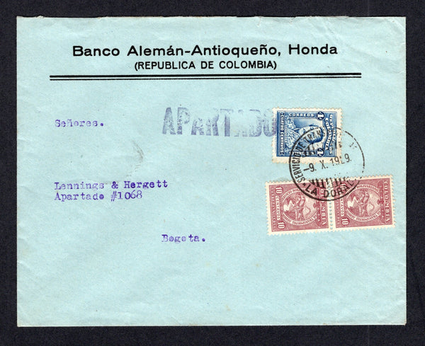 COLOMBIAN AIRMAILS - SCADTA - 1929 - SCADTA - CANCELLATION: Cover franked with Colombia 1923 4c blue and SCADTA 1929 pair 10c red brown (SG 395 & 57) tied by SERVICIO DE TRANSPORTES AEREOS LA DORADA cds. Addressed to BOGOTA with arrival cds on reverse.  (COL/24241)