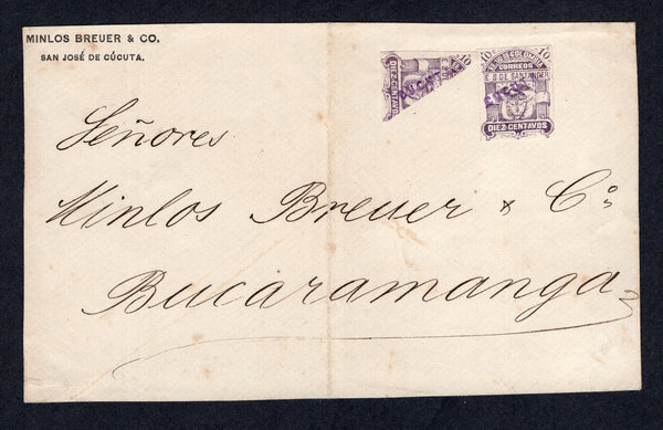 COLOMBIAN STATES - SANTANDER - 1886 - BISECT: Circa 1886. Cover front with printed 'Minlos Breuer & Co. San Jose de Cucuta' return address at top left franked with 1886 10c indigo lilac (SG 6) two copies one DIAGONALLY BISECTED each cancelled by small straight line 'CUCUTA' cancel in violet. Addressed to BUCARAMANGA. Very scarce.  (COL/24242)
