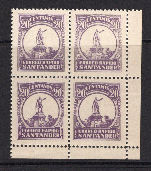 COLOMBIAN PRIVATE EXPRESS COMPANIES - 1926 - CORREO RAPIDO DE SANTANDER: 20c violet 'Correo Rapido de Santander' EXPRESS issue, a fine unused corner marginal block of four. (Hurt & Williams #S11)  (COL/24394)