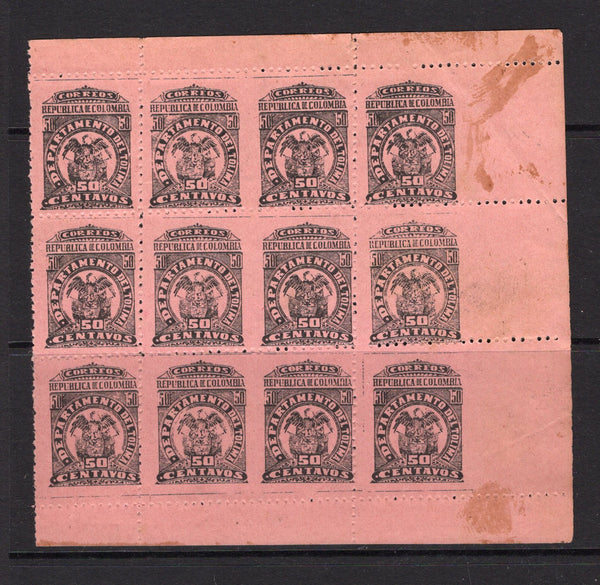 COLOMBIAN STATES - TOLIMA - 1903 - MULTIPLE & VARIETY: 50c black on flesh, perf 12, a fine mint corner marginal block of twelve with two vertical rows of perforations omitted giving three pairs with variety IMPERF BETWEEN PAIR and three singles with variety IMPERF BETWEEN STAMP AND MARGIN. A rare multiple. (SG 88a)  (COL/25386)