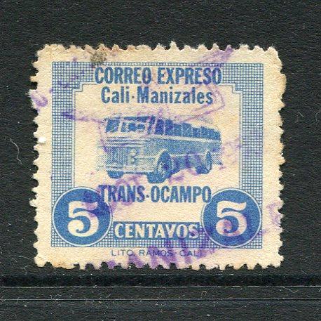 COLOMBIAN PRIVATE EXPRESS COMPANIES - 1952 - TRANSOCAMPO: 5c light blue 'Trans-Ocampo' EXPRESS issue showing picture of a Bus, established to run a service from Cali to Manizales, a fine used copy with part MANIZALES 'Wing' cancel in purple dated OCT 20 1952. Scarce.  (COL/25390)