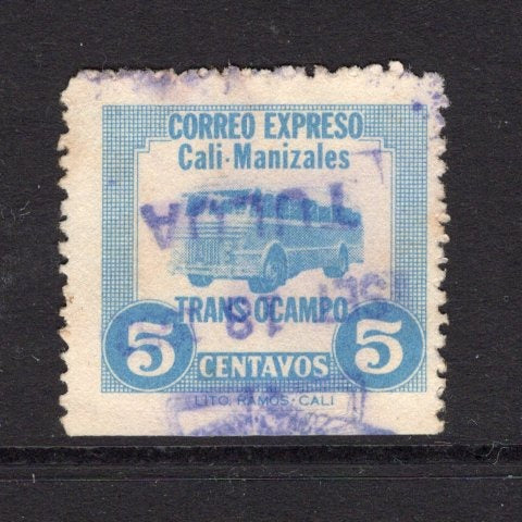 COLOMBIAN PRIVATE EXPRESS COMPANIES - 1952 - TRANSOCAMPO: 5c light blue 'Trans-Ocampo' EXPRESS issue showing picture of a Bus, established to run a service from Cali to Manizales, a fine used copy with part TULUA 'Wing' cancel in purple dated SET 18 1952. Scarce.  (COL/25391)