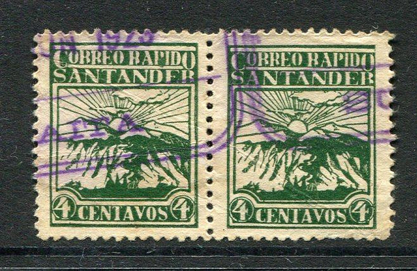 COLOMBIAN PRIVATE EXPRESS COMPANIES - 1926 - CORREO RAPIDO DE SANTANDER: 4c green 'Correo Rapido de Santander' EXPRESS issue a superb used pair with boxed SUAITA cancel. (Hurt & Williams #S10)  (COL/25398)