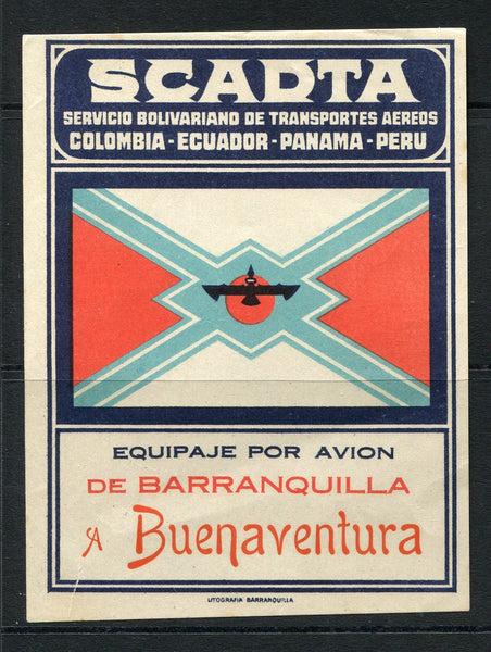 COLOMBIAN AIRMAILS - SCADTA - 1930 - BAGGAGE LABEL: Large rectangular BAGGAGE label with SCADTA emblem and inscribed SCADTA SERVICIO BOLIVARIANO DE TRANSPORTES AEREOS COLOMBIA - ECUADOR - PANAMA - PERU EQUIPAJE POR AVION DE BARRANQUILLA A BUENAVENTURA. Very fine.  (COL/25406)