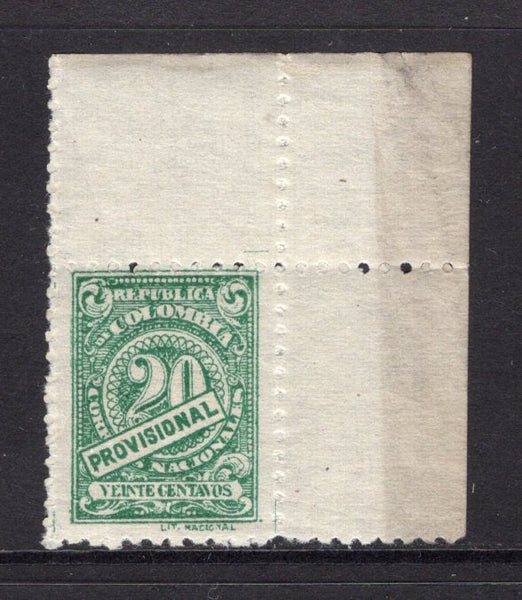 COLOMBIA - 1920 - NUMERAL ISSUE: 20c green 'Numeral' issue with PROVISIONAL label, perf 10, a fine unmounted mint corner marginal copy. (SG 388B)  (COL/26165)