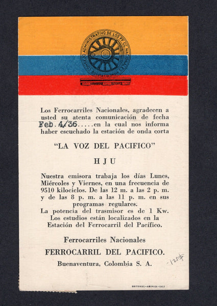 COLOMBIA - 1936 - RAILWAY THEMATIC: Illustrated 'Consejo Administrativo de los FF CC Nacionales Bogota Colombia' train wheel on flag of Colombia PPC produced by the 'Ferrocarril del Pacifico' with informational text below flag and additional photos titled 'La Voz del Pacifico' on front franked with 1939 2c carmine (SG 534) tied by BUENAVENTURA cds. Addressed to CANADA.  (COL/26672)