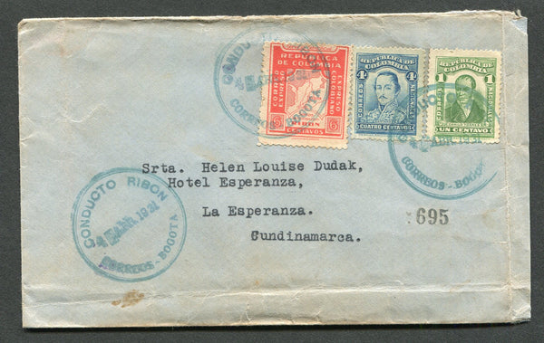 COLOMBIAN PRIVATE EXPRESS COMPANIES - 1931 - RIBON: Cover franked with 1917 1c green and 1923 4d blue national issues (SG 358 & 395) and 1930 6c red 'Ribon' EXPRESS issue (Hurt & Williams #4) tied by two strikes of CONDUCTO RIBON CORREOS BOGOTA cds in blue dated 4 APR 1931 with third strike alongside. Addressed to LA ESPERANZA, CUNDINAMARCA. Cover has a couple of creases but otherwise very scarce.  (COL/26682)