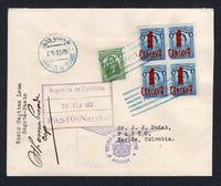 COLOMBIA - 1933 - FIRST FLIGHT: FIRST FLIGHT: Cover with typed 'Vuelo Capitan Lema Bogota - Pasto' on front franked with 1917 1c green and block of four 1932 1c on 4c blue (SG 358 & 427) tied by ANNULADA cancels with MADRID, CUND cds all in blue alongside dated 16 FEB 1932. Flown on the MADRID - PASTO first flight with 'ESCUELA DE AVIACION MILITAR DIRECCION' wings cachet on front and signed by Captain Lema Posada. Addressed to PASTO with large boxed arrival mark on front. Fernando Arturo Lema Posada was a 