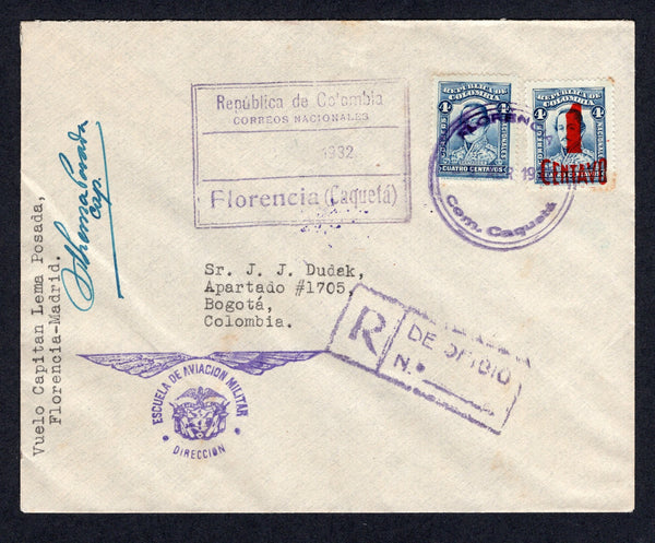 COLOMBIA - 1932 - FIRST FLIGHT: Cover with typed 'Vuelo Capitan Lema Posada Florencia - Madrid' on front franked with 1923 4c blue and 1932 1c on 4c blue (SG 395 & 427) tied by large FLORENCIA CAQUETA cds dated 4 ABR 1932. Flown on the FLORENCIA - MADRID (CUNDINAMARCA) first flight with large boxed FLORENCIA cancel also dated 4 APR 1932, boxed registration marking and 'ESCUELA DE AVIACION MILITAR DIRECCION' wings cachet all on front and signed by Captain Lema Posada. Addressed to BOGOTA with MADRID arrival